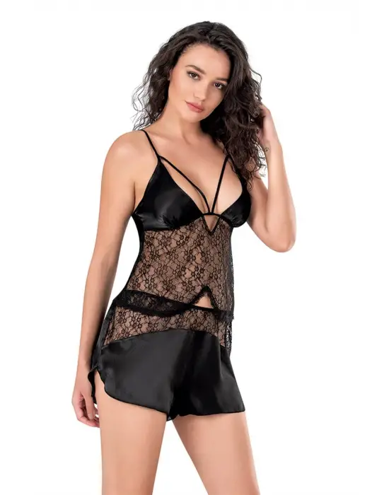 ieg™ Siyah Saten Babydoll Şort Takımı