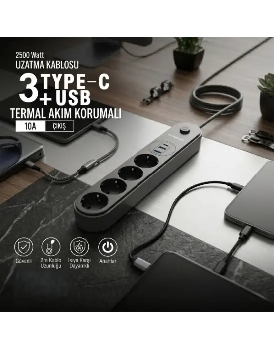Termal Akım Korumalı 4 Prizli USB Girişli Uzatma Kablosu