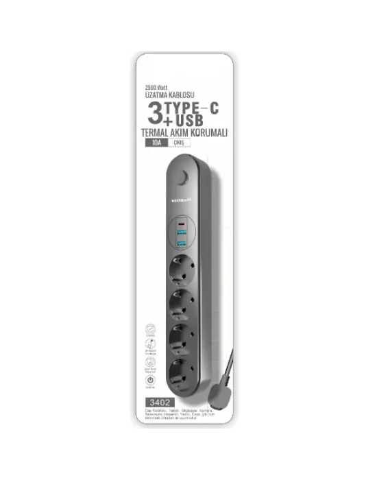 Termal Akım Korumalı 4 Prizli USB Girişli Uzatma Kablosu