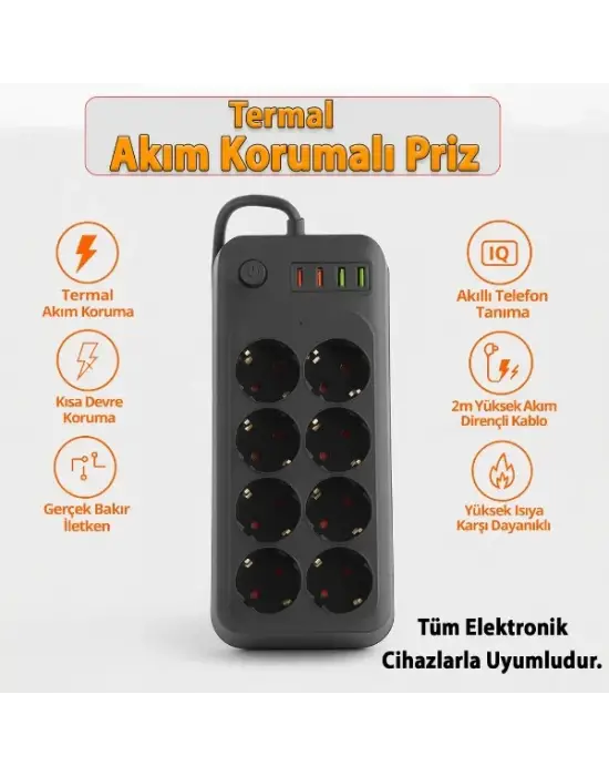 Termal Akım Korumalı 8 Prizli Uzatma Kablosu