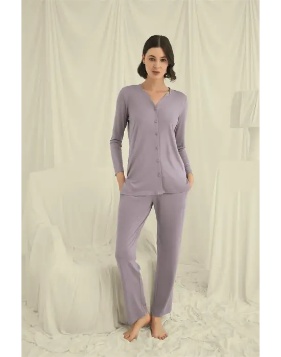 ieg™ Uzun Kollu Boydan Düğmeli V Yaka Pijama Takımı