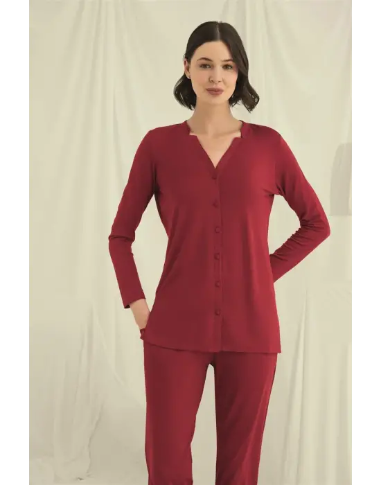 ieg™ Uzun Kollu Boydan Düğmeli V Yaka Pijama Takımı