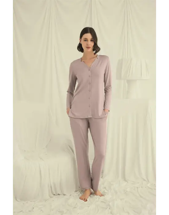 ieg™ Uzun Kollu Boydan Düğmeli V Yaka Pijama Takımı