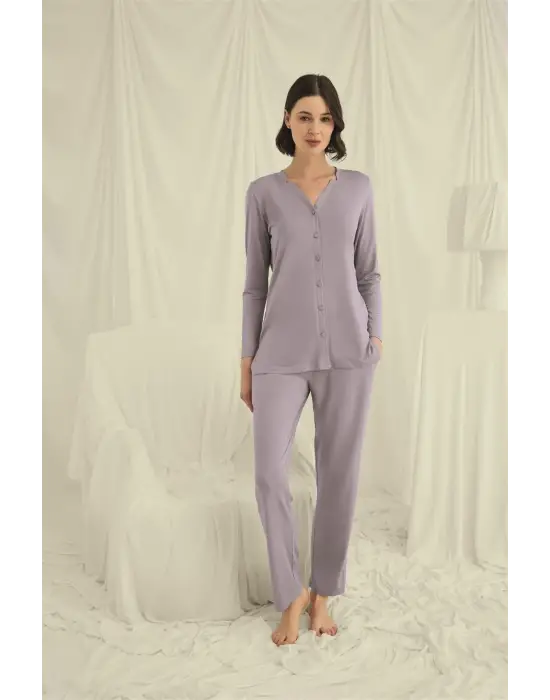 ieg™ Uzun Kollu Boydan Düğmeli V Yaka Pijama Takımı