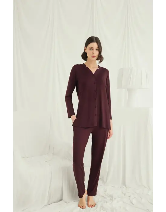 ieg™ Uzun Kollu Boydan Düğmeli V Yaka Pijama Takımı