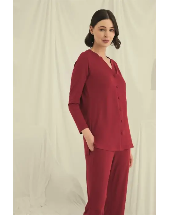 ieg™ Uzun Kollu Boydan Düğmeli V Yaka Pijama Takımı