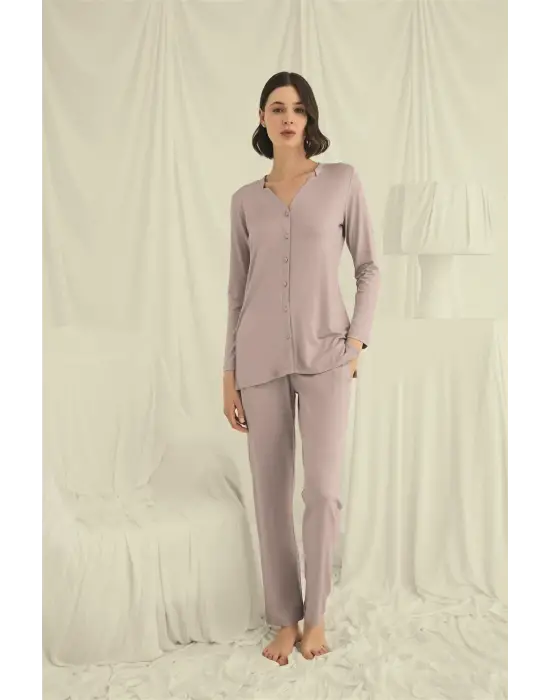 ieg™ Uzun Kollu Boydan Düğmeli V Yaka Pijama Takımı