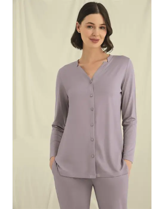 ieg™ Uzun Kollu Boydan Düğmeli V Yaka Pijama Takımı