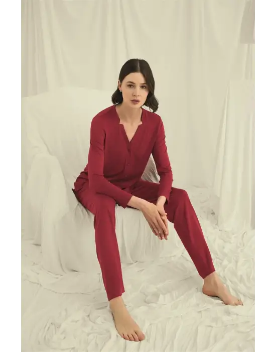 ieg™ Uzun Kollu Boydan Düğmeli V Yaka Pijama Takımı