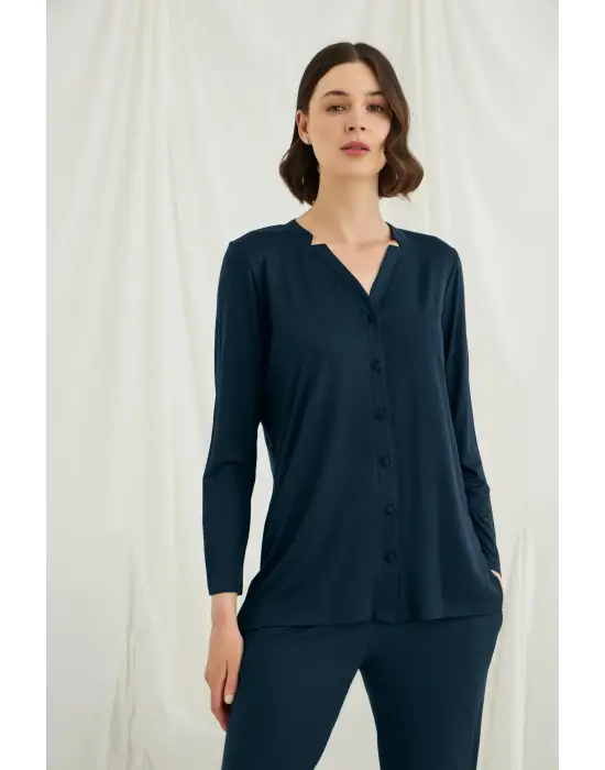 ieg™ Uzun Kollu Boydan Düğmeli V Yaka Pijama Takımı