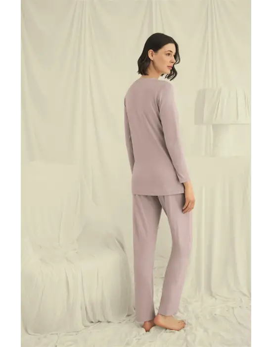 ieg™ Uzun Kollu Boydan Düğmeli V Yaka Pijama Takımı