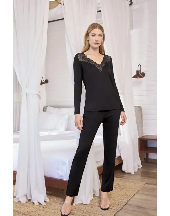 ieg™ Uzun Kollu Dantelli ve Dekolteli Pijama Takımı