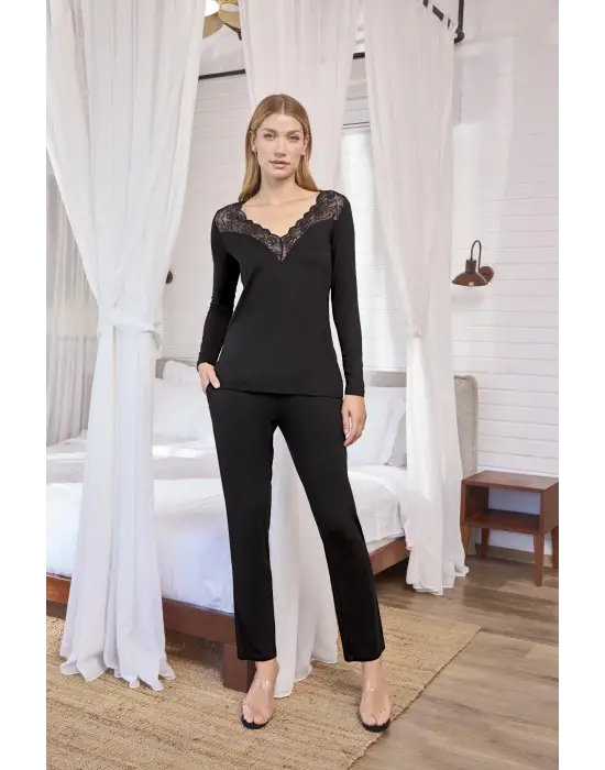 ieg™ Uzun Kollu Dantelli ve Dekolteli Pijama Takımı