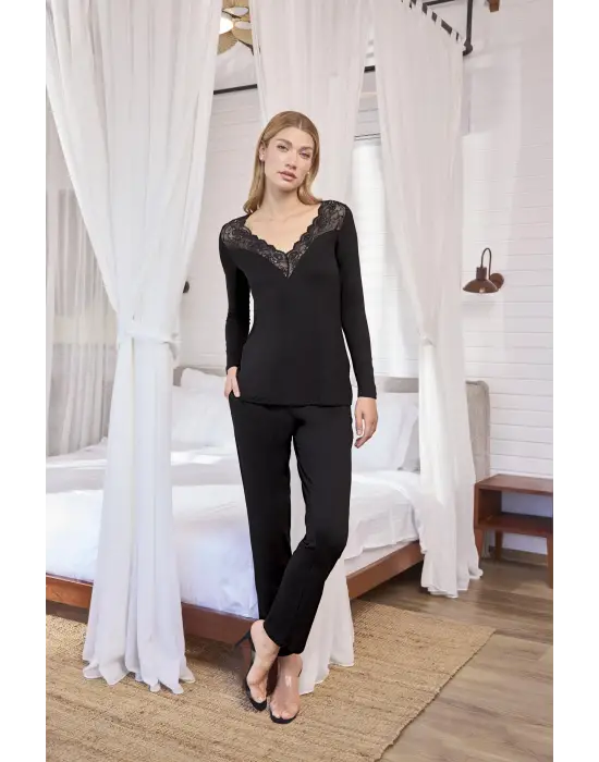 ieg™ Uzun Kollu Dantelli ve Dekolteli Pijama Takımı