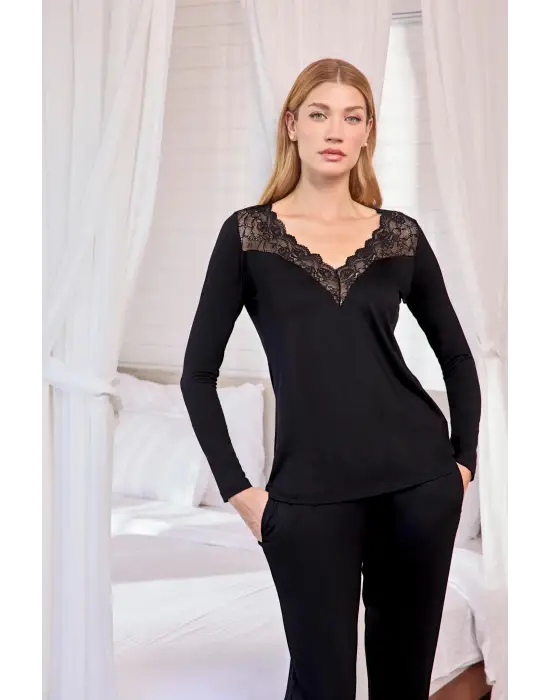 ieg™ Uzun Kollu Dantelli ve Dekolteli Pijama Takımı