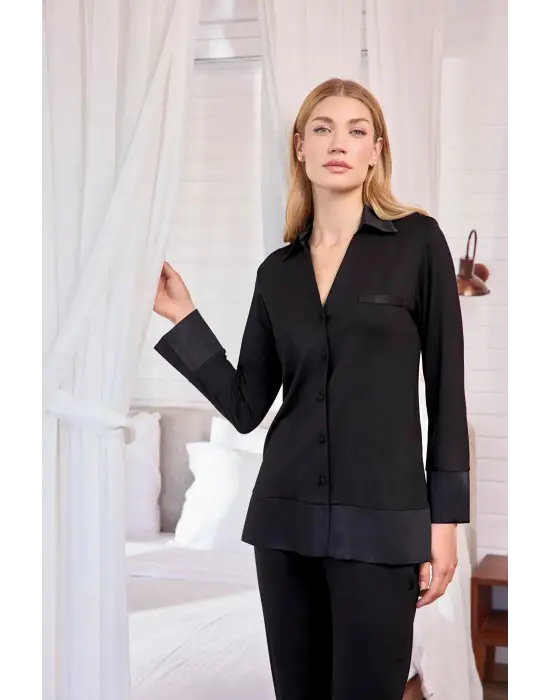 ieg™ Uzun Kollu Önü Düğmeli Gömlek Yaka Pijama Takımı