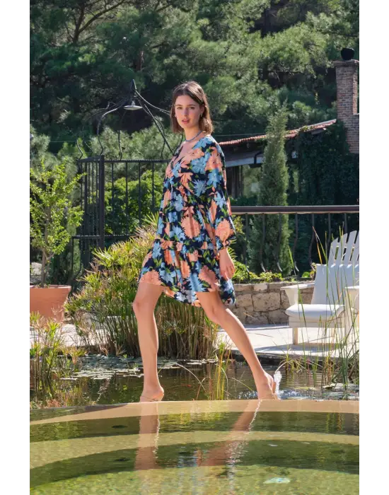 ieg™ Viskon Çiçek ve Yaprak Desenli Uzun Kollu Elbise