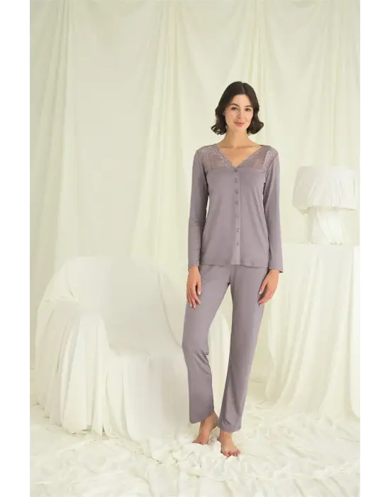 ieg™ Yakası Kolu ve Omzu Dantelli Boydan Düğmeli Pijama Takımı