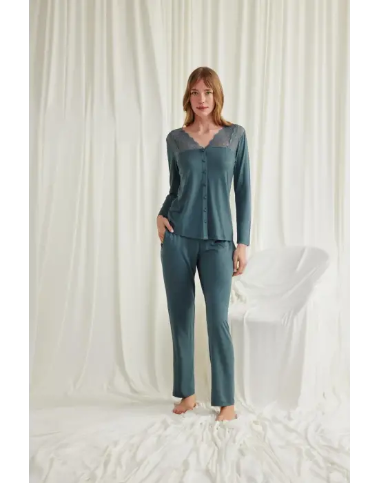 ieg™ Yakası Omzu ve Paçası Dantelli Boydan Düğmeli Pijama Takımı