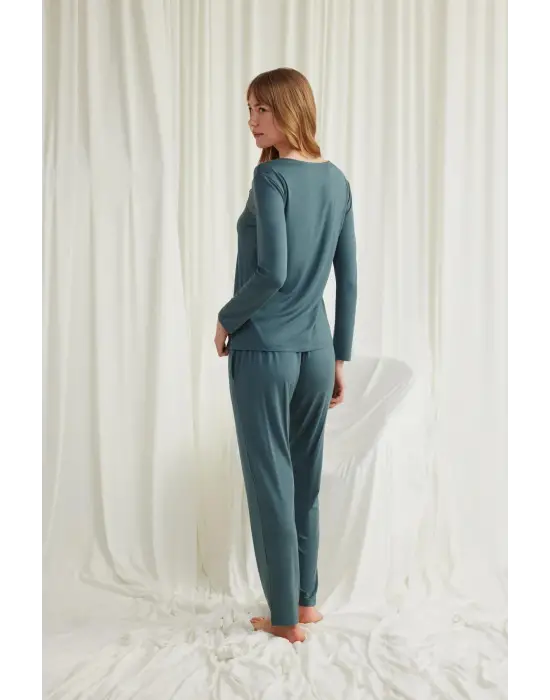 ieg™ Yakası Omzu ve Paçası Dantelli Boydan Düğmeli Pijama Takımı