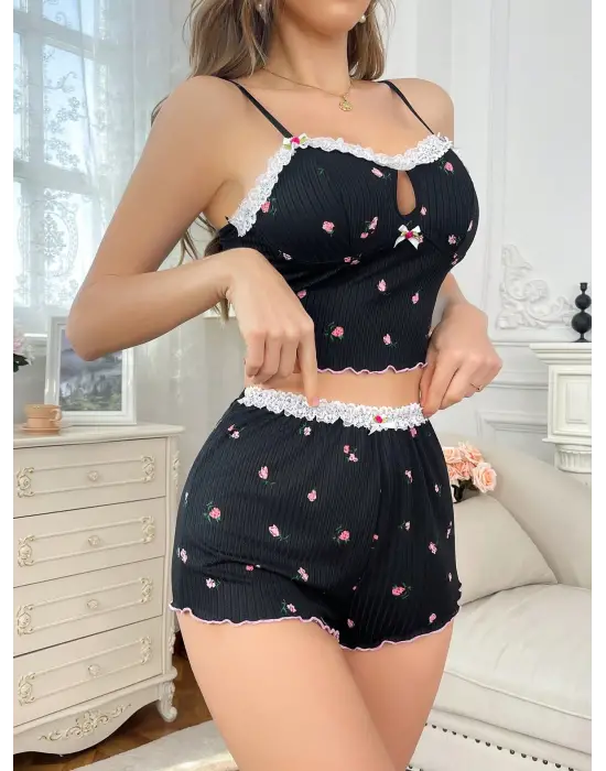 ieg™ Yumuşak Kumaşlı Çiçekli Şortlu Dantelli Gecelik Takımı, Rahat ve Şık Ev Giyim,Kadın Pijama