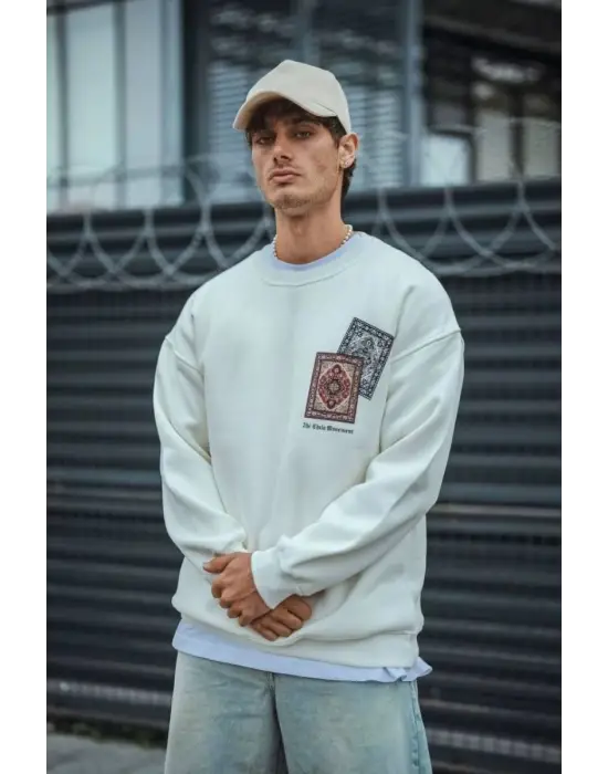 iegiyim™ Erkek 3 iplik pamuklu Bisiklet Yaka Baskılı SweatShirt - Beyaz