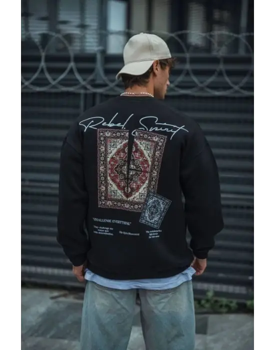 iegiyim™ Erkek 3 iplik Pamuklu Bisiklet Yaka Baskılı SweatShirt - Siyah
