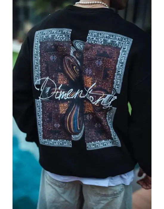 iegiyim™ Erkek 3 iplik pamuklu Bisiklet Yaka Ön ve Arka Baskılı SweatShirt - Siyah