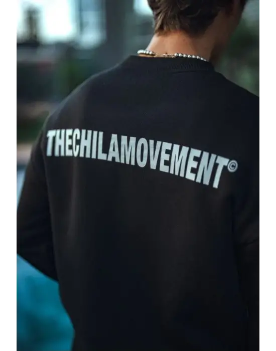 iegiyim™ Erkek 3 iplik Pamuklu Bisiklet Yaka Oversize Baskılı SweatShirt - Siyah