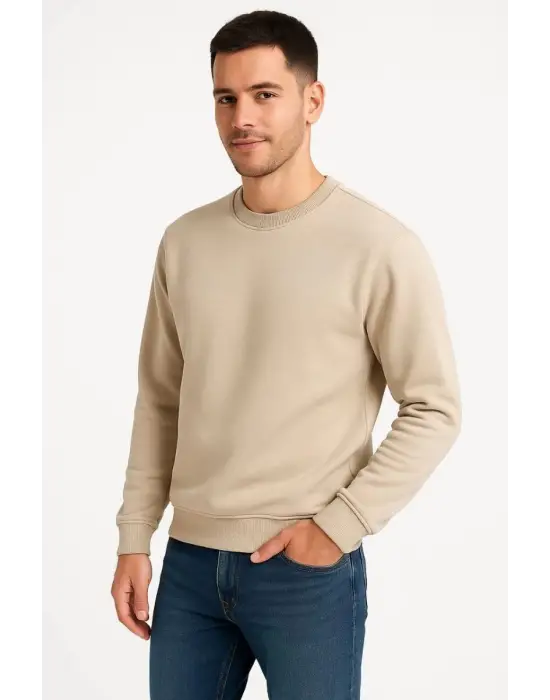 iegiyim™ Erkek 3 İplik Pamuklu Düz Bisiklet Yaka SweatShirt - Bej