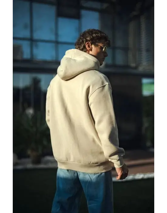 iegiyim™ Erkek 3 İplik Pamuklu Kapüşonlu Basic SweatShirt Hoodie - Bej