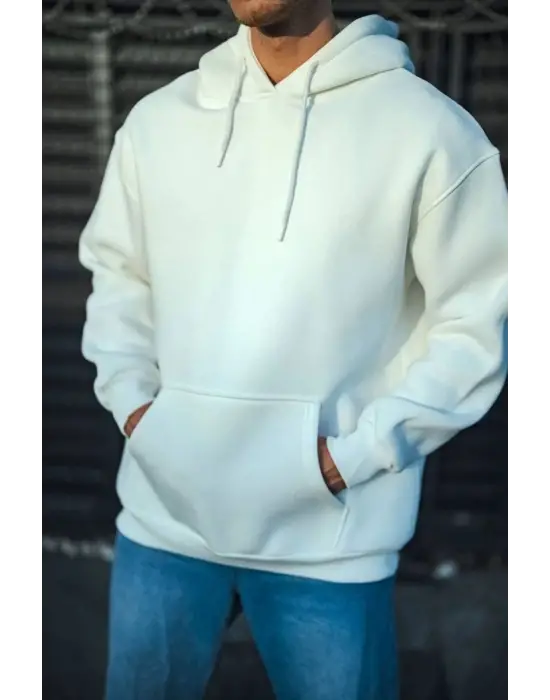 iegiyim™ Erkek 3 İplik Pamuklu Kapüşonlu Basic SweatShirt Hoodie - Beyaz