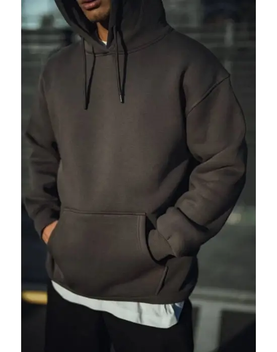 iegiyim™ Erkek 3 İplik Pamuklu Kapüşonlu Basic SweatShirt Hoodie - Füme