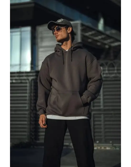 iegiyim™ Erkek 3 İplik Pamuklu Kapüşonlu Basic SweatShirt Hoodie - Füme