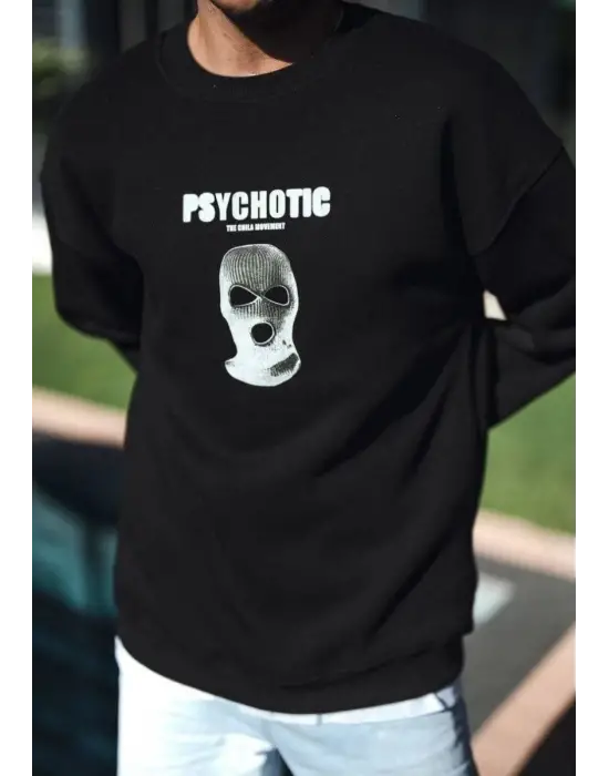 iegiyim™ Erkek 3 iplik pamuklu Kışlık Bisiklet Yaka Baskılı SweatShirt - Siyah