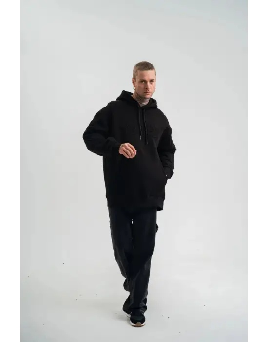 iegiyim™ Erkek 3 İplik Pamuklu Oversize Kapüşonlu Nakışlı Hoodie SweatShirt - Siyah