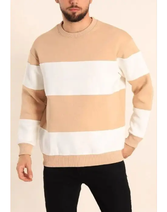 iegiyim™ Erkek 3 iplik pamuklu Parçalı Bisiklet Yaka SweatShirt - Bej