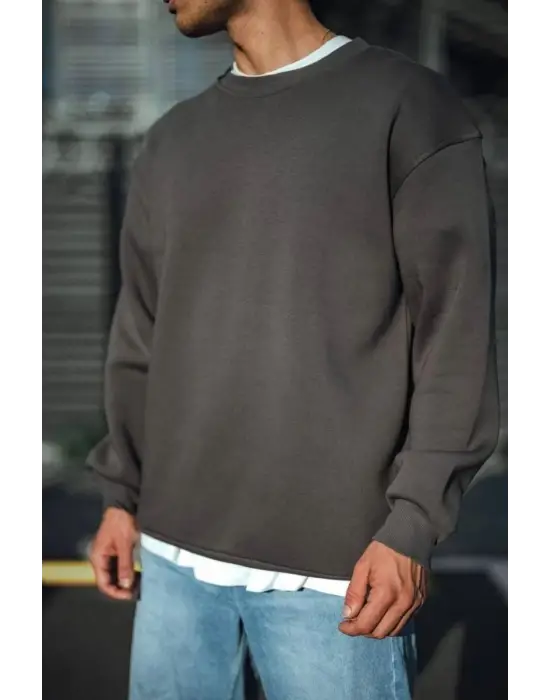 iegiyim™ Erkek Bisiklet Yaka 3 iplik Pamuklu Basic SweatShirt  - Antrasit
