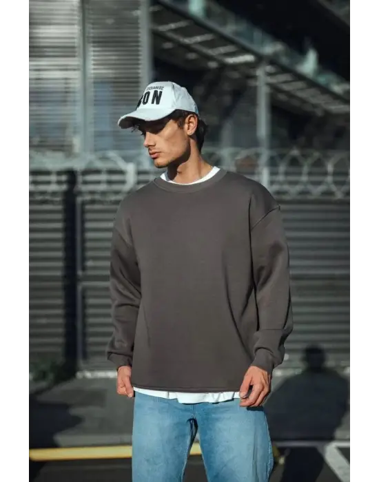 iegiyim™ Erkek Bisiklet Yaka 3 iplik Pamuklu Basic SweatShirt  - Antrasit