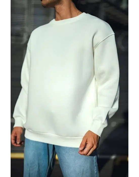 iegiyim™ Erkek  Bisiklet Yaka 3 İplik Pamuklu Basic SweatShirt - Beyaz