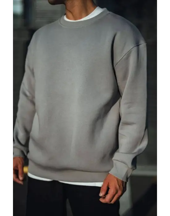 iegiyim™ Erkek Bisiklet Yaka 3 İplik pamuklu Basic SweatShirt - Boyalı Gri