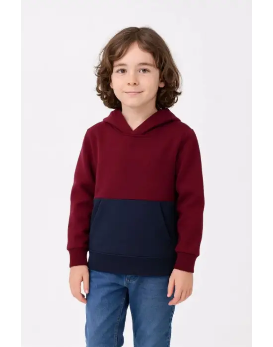 iegiyim™ Erkek Çocuk Kapüşonlu Kanguru Cepli Parçalı SweatShirt - Renkli