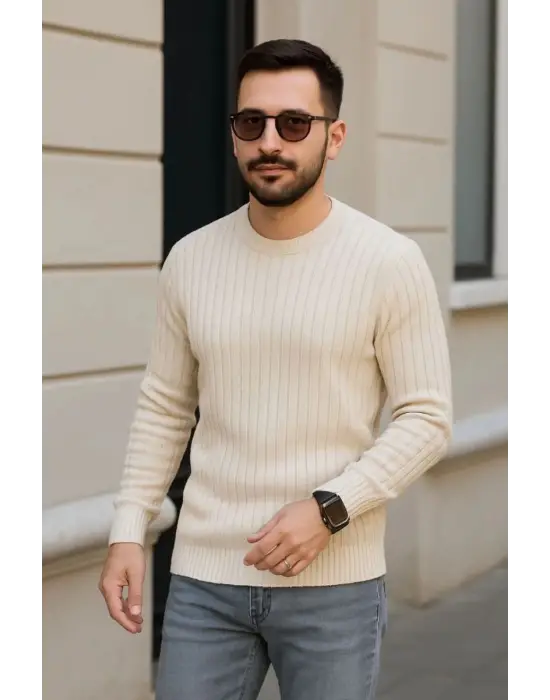 iegiyim™ Erkek Fitilli Triko Kazak 2’li Set Bej Beyaz Kalın Dokuma Pamuklu Regular Fit Bisiklet