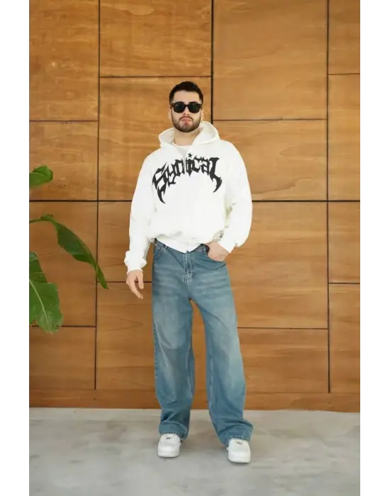 iegiyim™ Erkek Kapüşonlu 3 İplik Şardonlu Önü Baskılı Fermuarlı Oversize Sweatshirt - Beyaz
