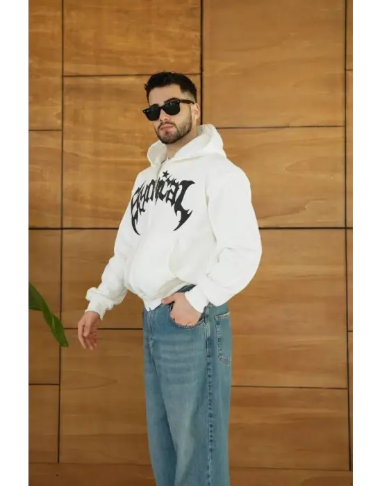 iegiyim™ Erkek Kapüşonlu 3 İplik Şardonlu Önü Baskılı Fermuarlı Oversize Sweatshirt - Beyaz
