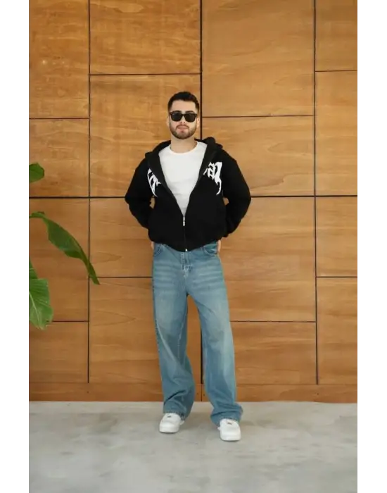iegiyim™ Erkek Kapüşonlu 3 İplik Şardonlu Önü Baskılı Fermuarlı Oversize Sweatshirt - Siyah