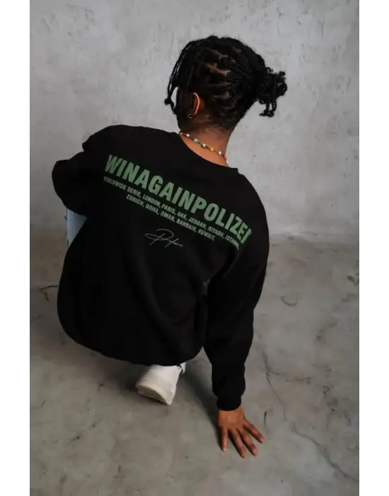 iegiyim™ Erkek Oversize Sweatshirt Ön ve Sırt Baskılı 3 İplik Pamuklu - Siyah