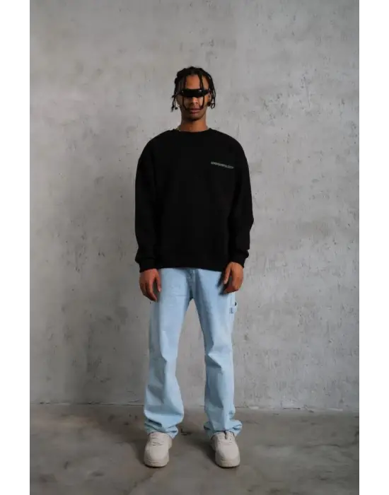 iegiyim™ Erkek Oversize Sweatshirt Ön ve Sırt Baskılı 3 İplik Pamuklu - Siyah