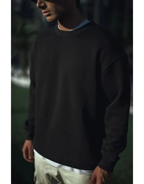 iegiyim™ Erkek pamuklu Bisiklet Yaka 3 İplik Basic SweatShirt - Siyah