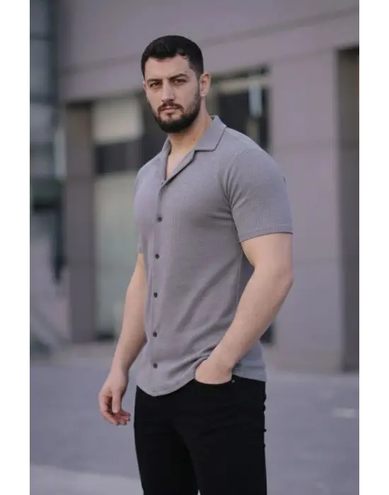 iegiyim™ Erkek Waffle Kumaş Açık Yakalı Düğmeli Regular Fit Gömlek 2’li Set Lacivert-Gri